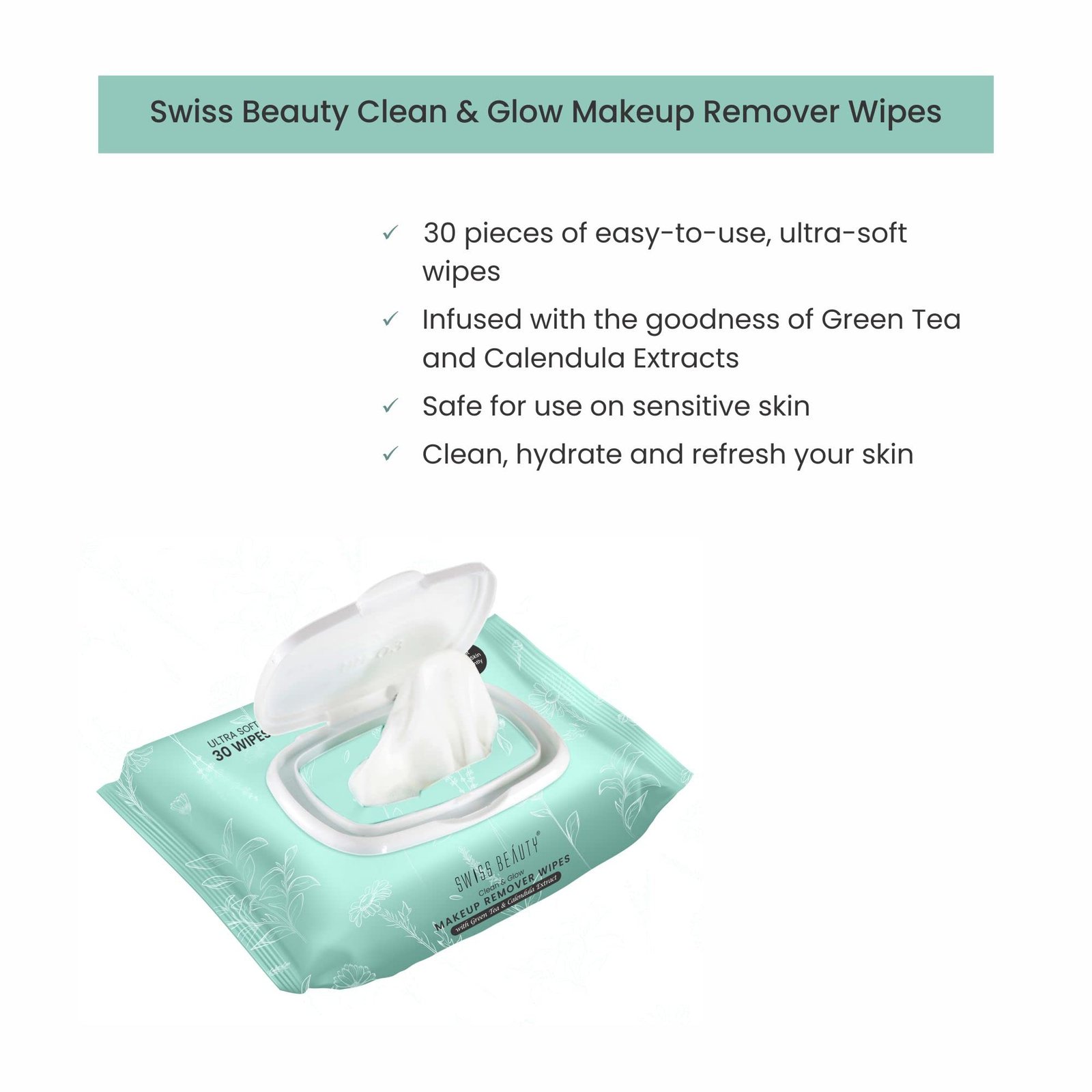 Swiss Beauty Clean &amp; Glow Makeup Remover Wipes With Green Tea &amp; Calendula Extract 30N