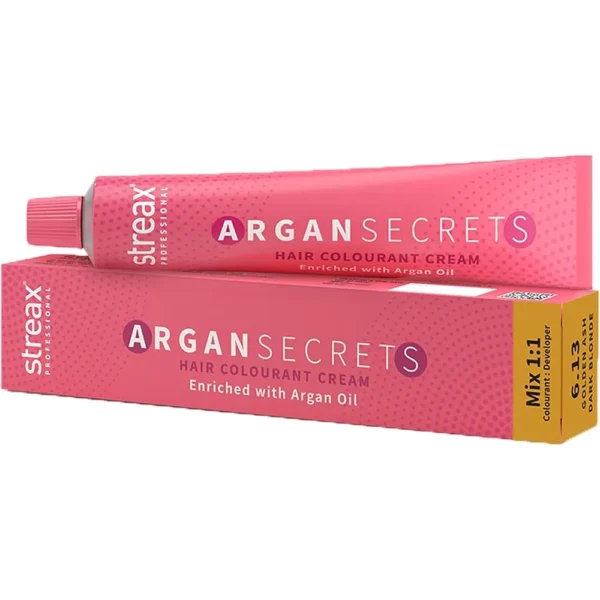 Streax Professional Argan Secrets Hair Colourant Cream Enriched With Argan Oil 6.13 Golden Ash Dark Blonde Mix 1:1 Colourant : Developer 60G